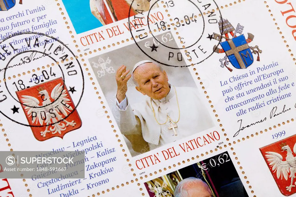 Stamped stamps from the Vatican, John Paul II, Karol Jozef Wojtyla, with the papal coat of arms, joint issue with Poland from 2004, Vatican, Italy, Eu...