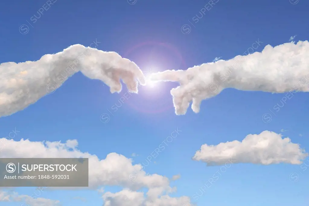 Blue sky, clouds shaped like touching fingers, creation, illustration