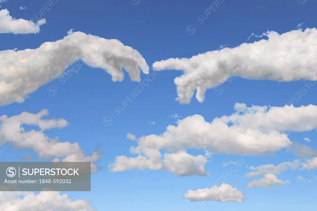 Blue sky, clouds shaped like touching fingers, creation, illustration