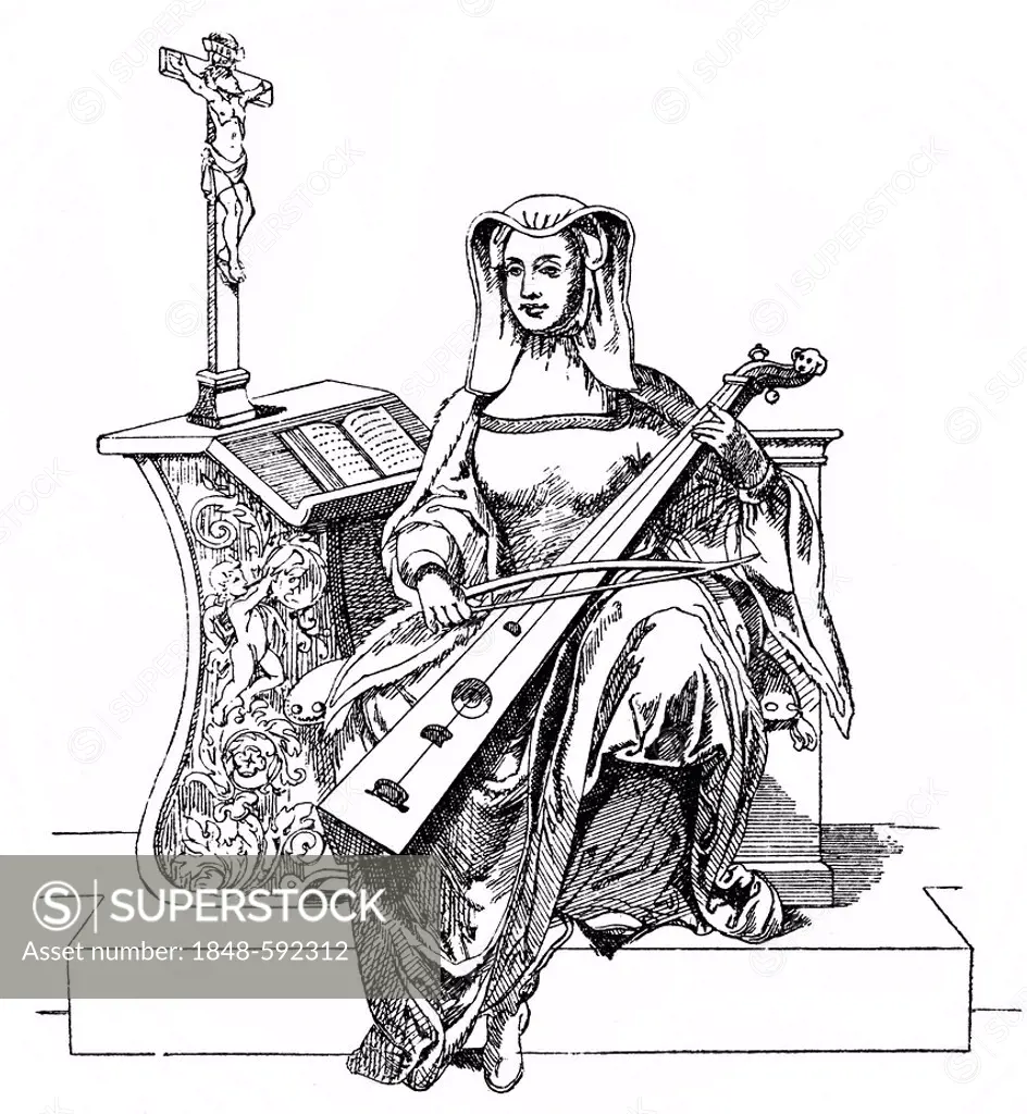 Historical drawing from the 19th Century, nun playing the trumscheit or nun's fiddle, 11th Century