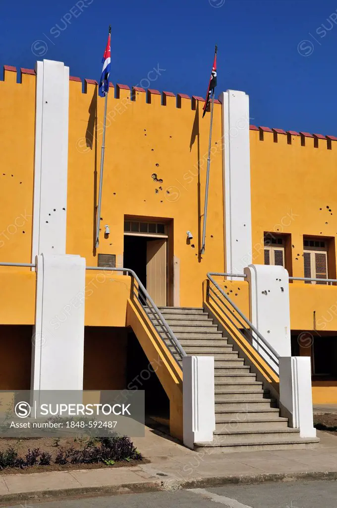 Facade of the Moncada Barracks with bullet holes, now school centre and historical museum; the fight of revolutionaries around Fidel Castro against th...