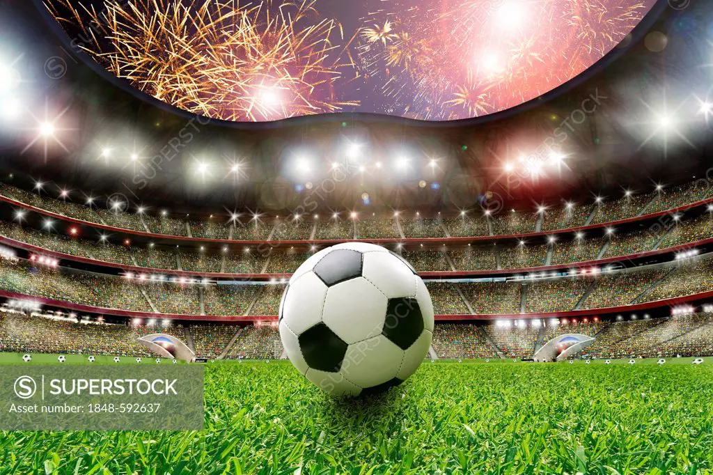 Soccer ball, soccer stadium, lawn, grand stand, fireworks