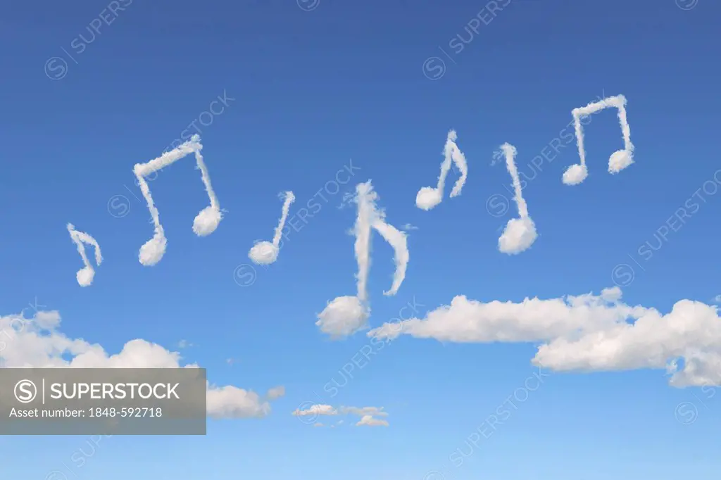 Blue sky, clouds shaped like music notes, illustration