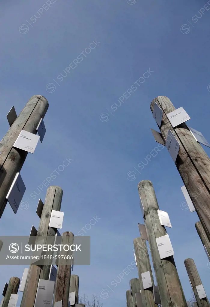 Posts with name tags of Jewish prisoners, memorial at Hessental Concentration Camp, Schwaebisch Hall, Baden-Wuerttemberg, Germany, Europe