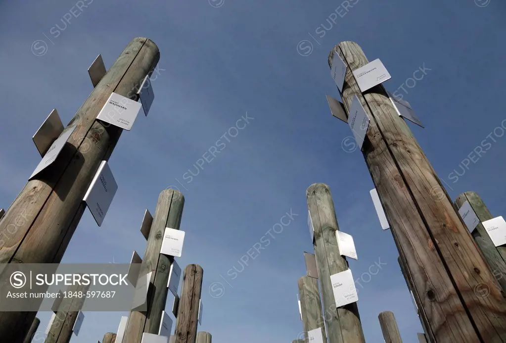 Posts with name tags of Jewish prisoners, memorial at Hessental Concentration Camp, Schwaebisch Hall, Baden-Wuerttemberg, Germany, Europe