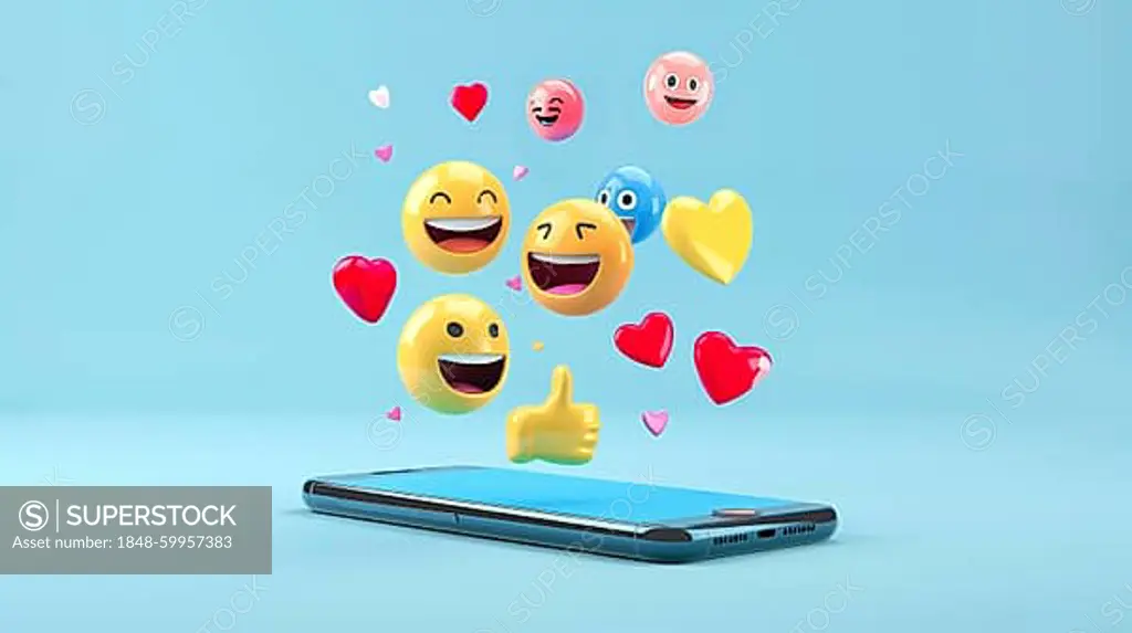 3D emojis emerging from a cellphone, representing positive emotions, AI generated