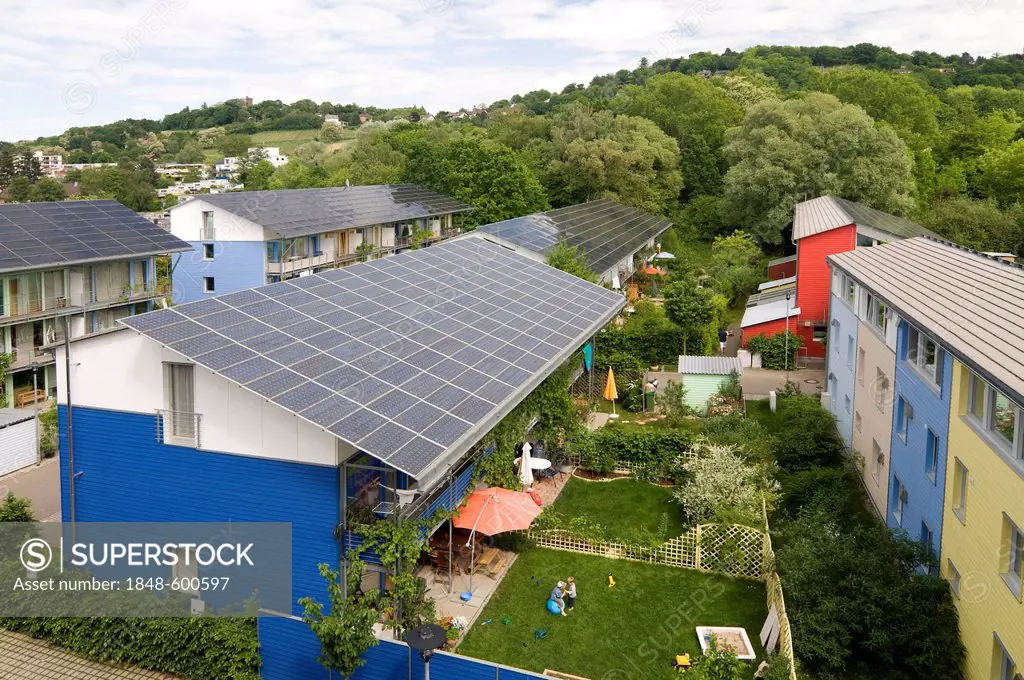 Passive solar houses with solar collectors on the roofs, by architect Rolf Disch, Vauban district, Freiburg im Breisgau, Baden-Wuerttemberg, Germany, ...