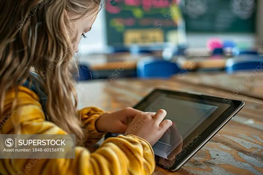 Young girl child learning with digital tablet notebook on in school. Concept for modern technology in education. Generative AI, AI generated