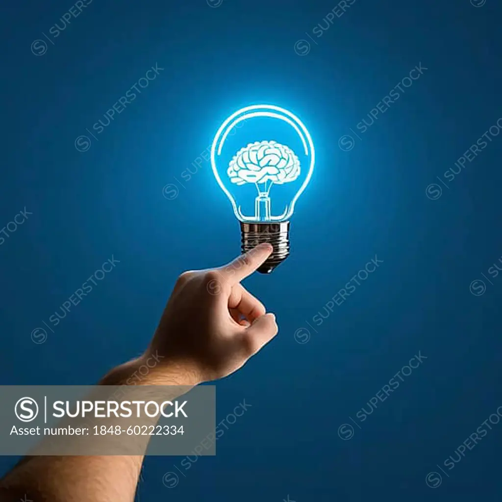 AI generative image of hand holding a light bulb with a glowing brain inside, symbolizing an idea, AI generated