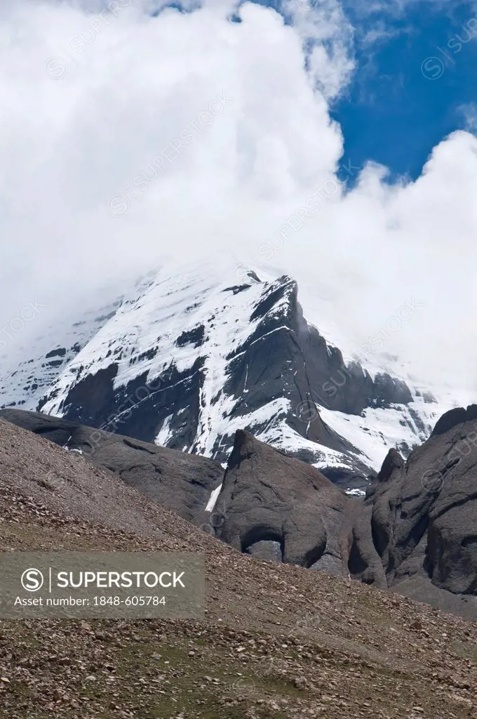 Sacred Mount Kailash with Mt. Kailash Kora pilgrimage route, Western Tibet, Asia