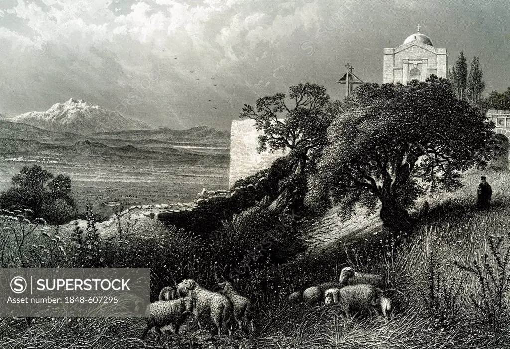 Orthodox Church of Saint Elijah and abbey, Mount Thabor, Palestine, historical illustration, 1865