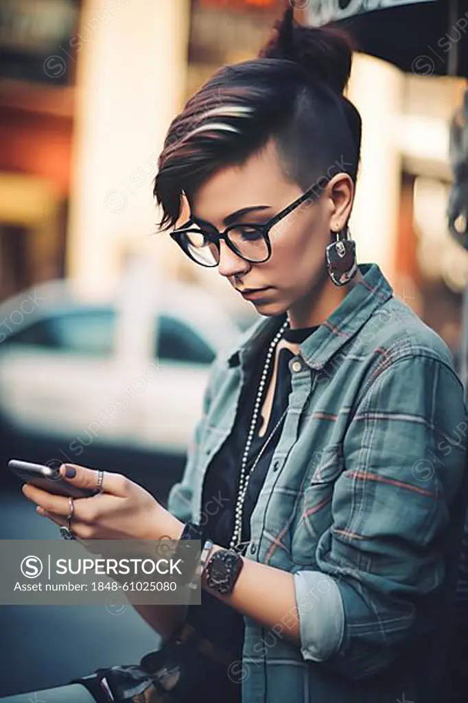 Hipster girl with glasses vintage clothes, using smartphone in the city, AI Generative, AI generated