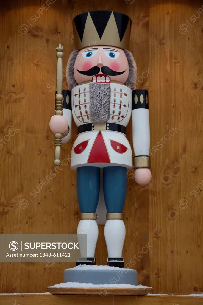 Nutcracker figure manufactured in the Ore Mountains, Striezelmarkt Christmas market, Altmarkt square, Dresden, Saxony, Germany, Europe