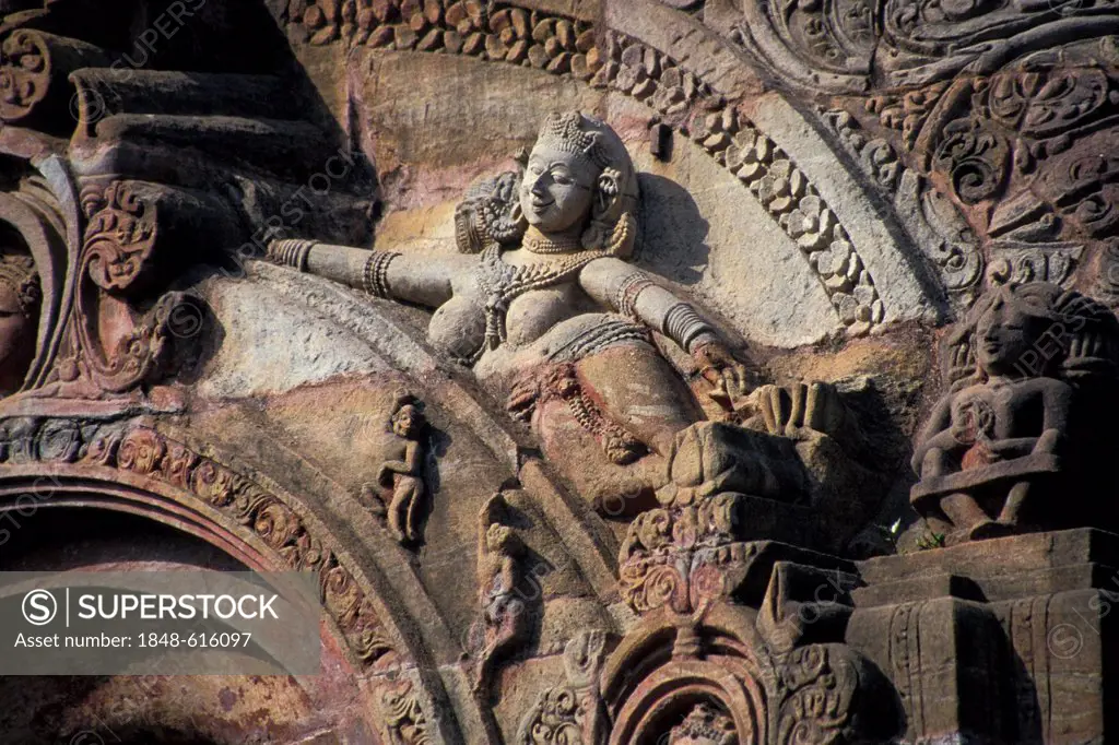 Reclining female figure, sculpture, Mukteswara Temple, Kalinga architecture, Shiva Temple, Bhubaneswar, Orissa, East India, India, Asia