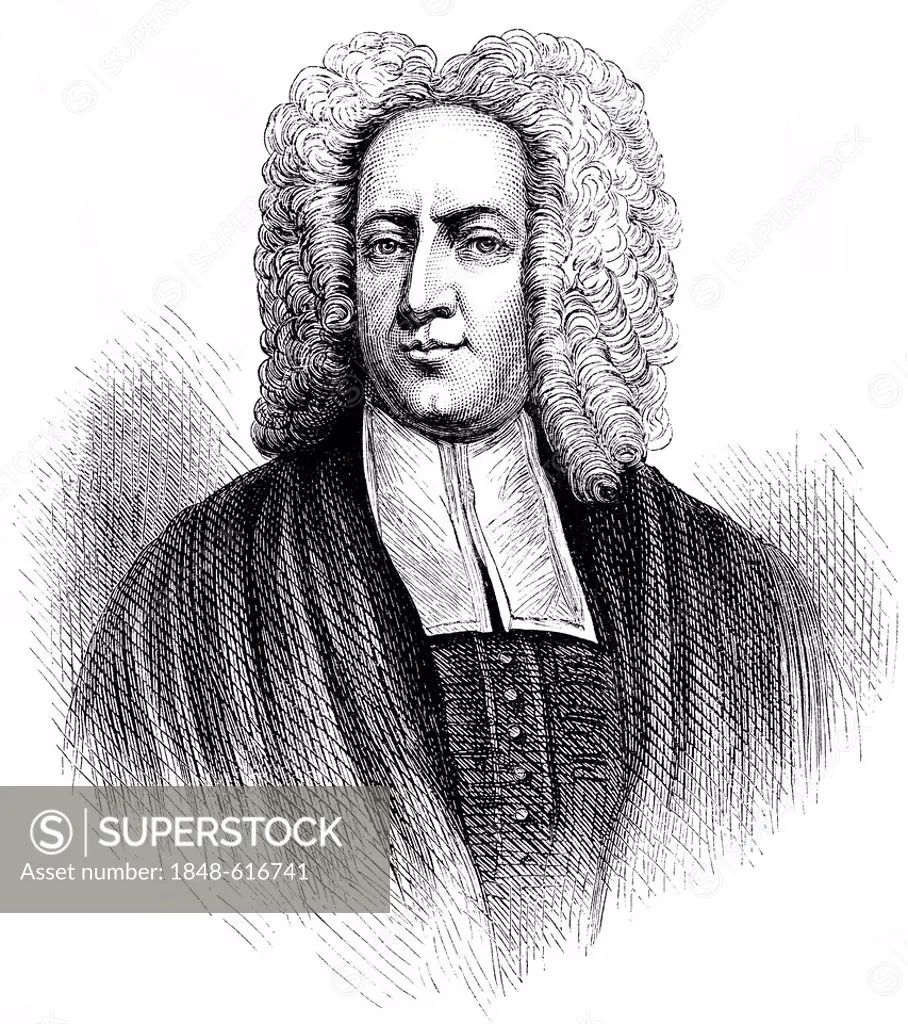 Historical drawing from the U.S. history of the 18th century, portrait of Cotton Mather, 1663 - 1728, a theologian, writer, Puritan preacher and churc...