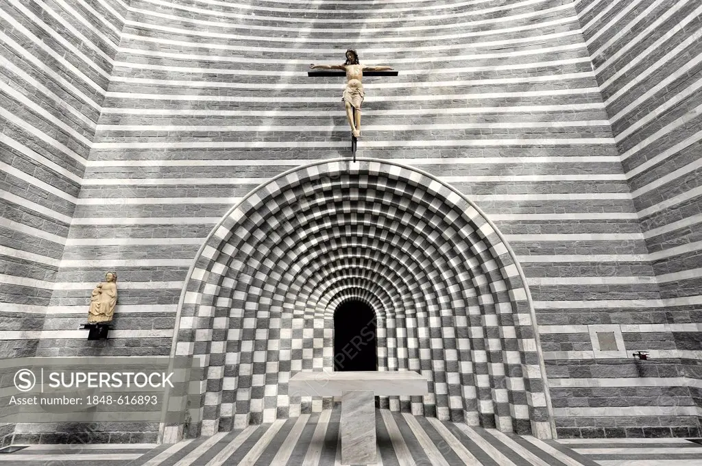 Interior view, San Giovanni Battista, modern church by Mario Botta, completed 1997, Mogno, Maggia Valley, Ticino, Switzerland, Europe