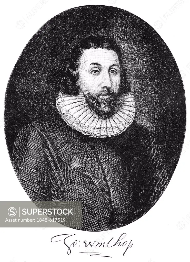 Historical drawing from the U.S. history of the 18th century, portrait of John Winthrop, 1588 - 1649, an English Puritan, first governor of the Massac...