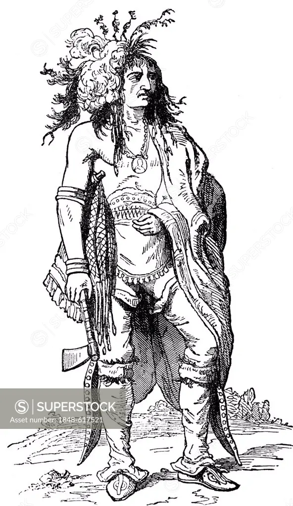 Historical drawing from the U.S. history, Native American in the 17th century