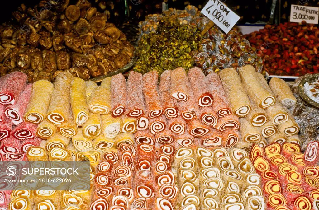 Turkish sweets for sale in a bazar in Istanbul, Turkey, Europe