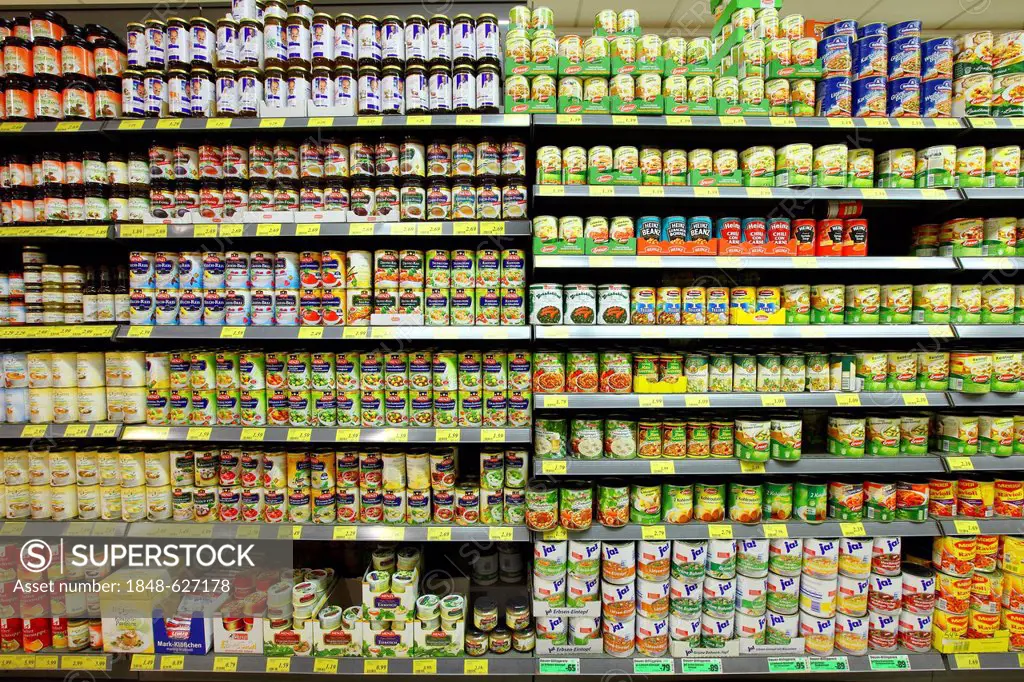 Shelves with canned food, convenience foods, self-service, food department, supermarket, Germany, Europe