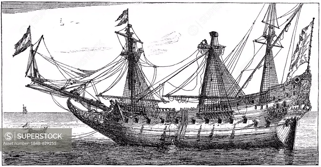 Historic drawing, ship of an East Indiaman, a ship of the Dutch East India Company, 17th century