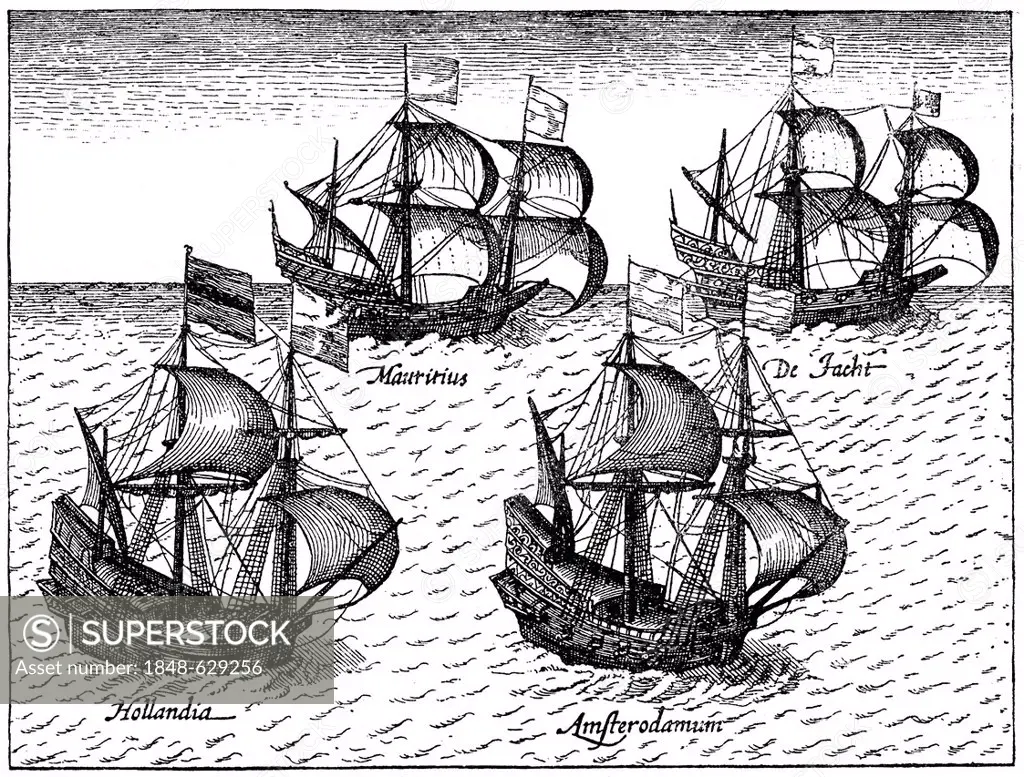 Historic drawing, the Dutch merchant fleet on its way to the East Indies, East Indiamen, ships of the Dutch East India Company, 17th century