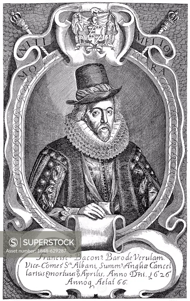 Historic drawing, portrait of Francis Bacon or Baron Baco of Verulam, 1561 - 1626, an English philosopher, statesman and scientist