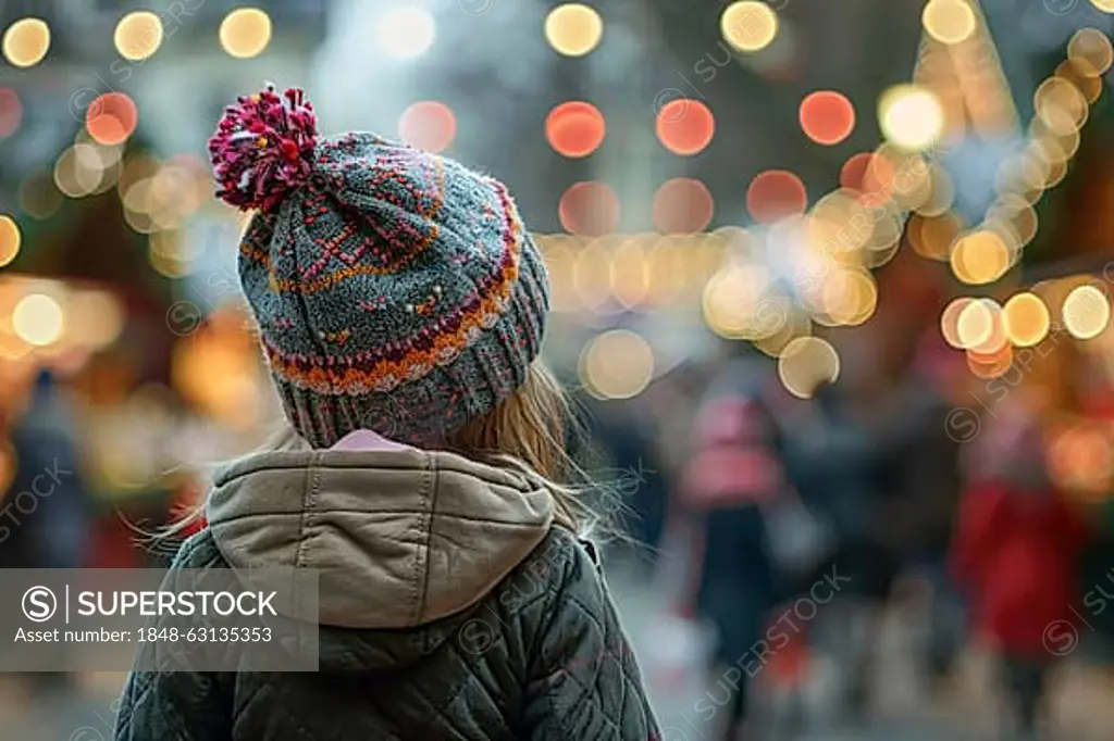 Back view of girl child with winter clothes at christmas market. Generative Ai, AI generated