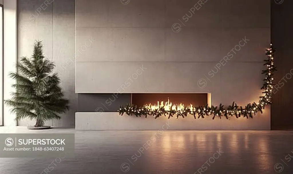 A fireplace with a Christmas tree in front of it AI generated