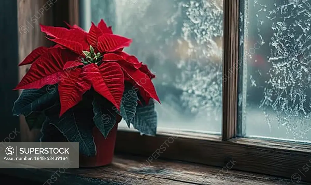 A red poinsettia plant sits in a pot on a windowsill. The window is frosted, and the plant is the only thing visible AI generated