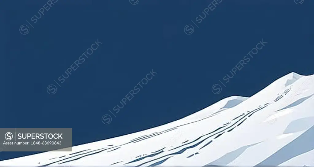 Simplified representation of ski tracks on a pristine snowy slope, created with bold, clean lines, AI generated