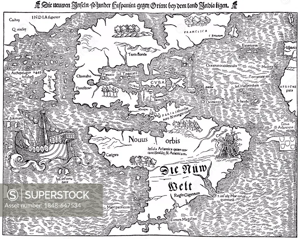 Historic drawing, facsimile of the first map of the New World, today known as America, 15th century