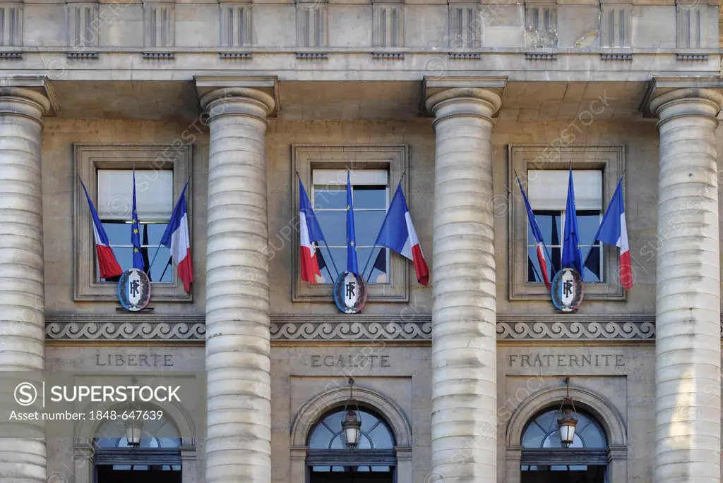 Front facade, Palace of Justice, Palais de Justice, inscription Liberté, Égalité, Fraternité, Paris, France, Europe