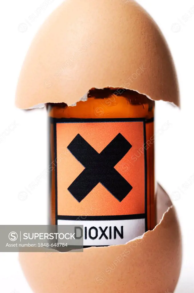 Small bottle labelled with a hazard symbol and a lettering Dioxin in an egg shell, symbolic image, chicken eggs contaminated with dioxin