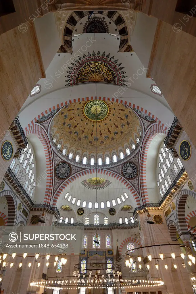 View of the Qibla wall, main dome with mural paintings by Gaspare and Giuseppe Fossati, interior view, Sueleymaniye Mosque, is considered the most bea...