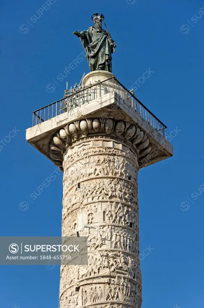 Ancient column of Marcus Aurelius with a helix relief a bronze statue of the apostle Paul, Piazza Colonna square, Rome, Lazio region, Italy, Europe