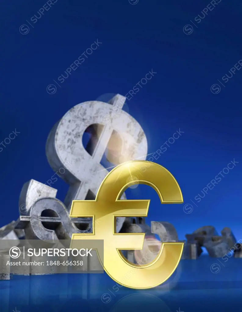 Euro sign in front of a dollar sign, conceptual image, symbolic images, 3D rendering, illustration