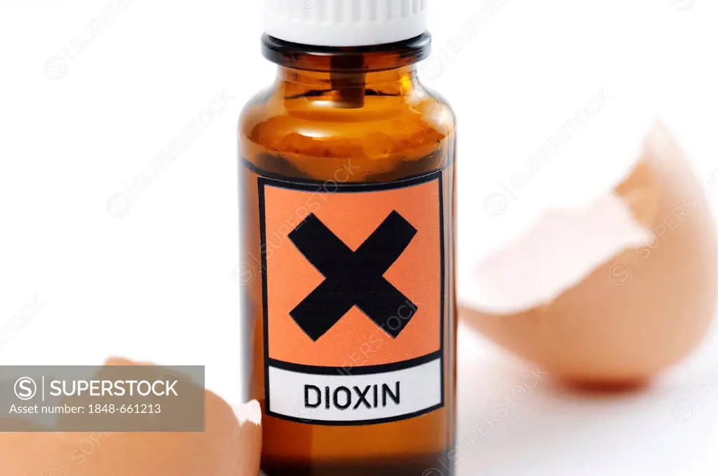 Small bottle labelled with a hazard symbol and a lettering Dioxin, symbolic image, chicken eggs contaminated with dioxin