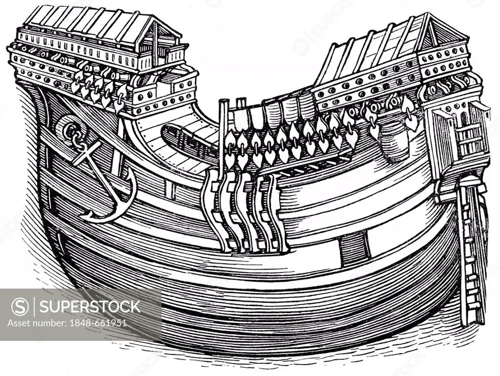 Historical drawing of a ship's hull, ship of an East Indian explorer, a ship of the Dutch East India Company, 16th century