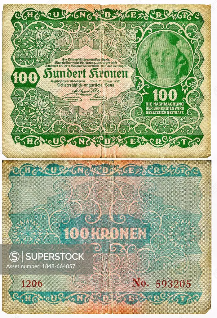 Old banknote, front and rear, 100 kronen, Austro-Hungarian Bank, circa 1922