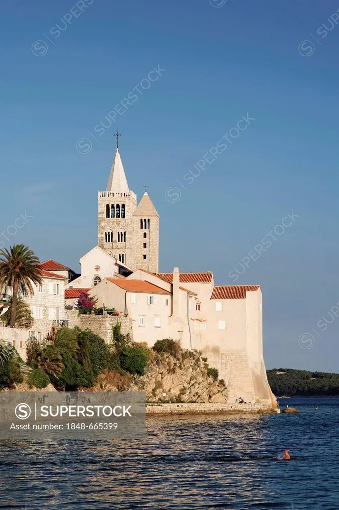 View of two of the four bell towers of the town of town of Rab, Rab island, Primorje-Gorski Kotar county, Croatia, Europe