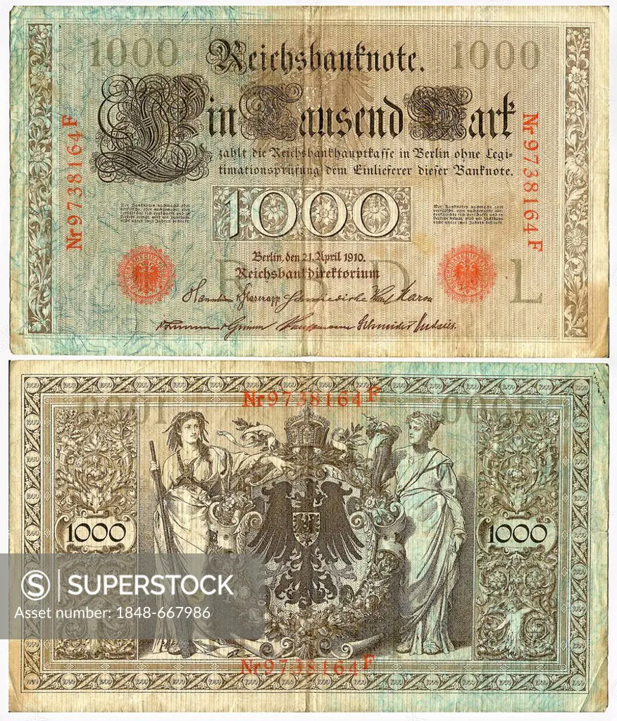 Old banknote, front and rear, Reichsbanknote, 1000 reichsmark, Reichsbankdirektorium, circa 1910