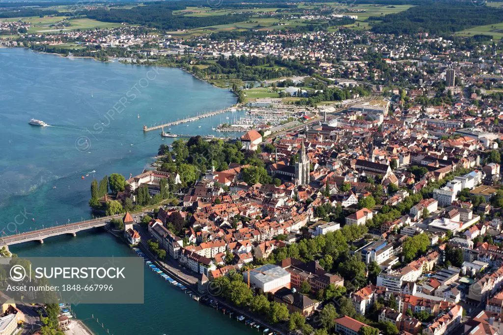 Aerial view, historic town centre of Constance with the Constance Hopper, Lake Constance, Konstanz district, Baden-Wuerttemberg, Germany, Europe