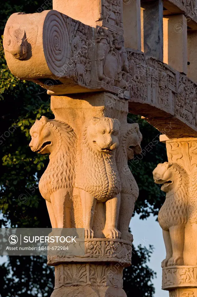 Ashoka, lion capitals, pictured on India's national coat of arms, stupas of Sanchi, a UNESCO World Heritage site, built by King Ashoka, Mauryan dynast...