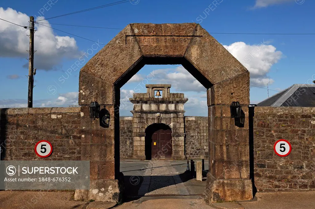 HM Prison Dartmoor, built between 1806 and 1809, main gate and entrance gate with a bell, Princetown, Dartmoor, Devon, England, United Kingdom, Europe