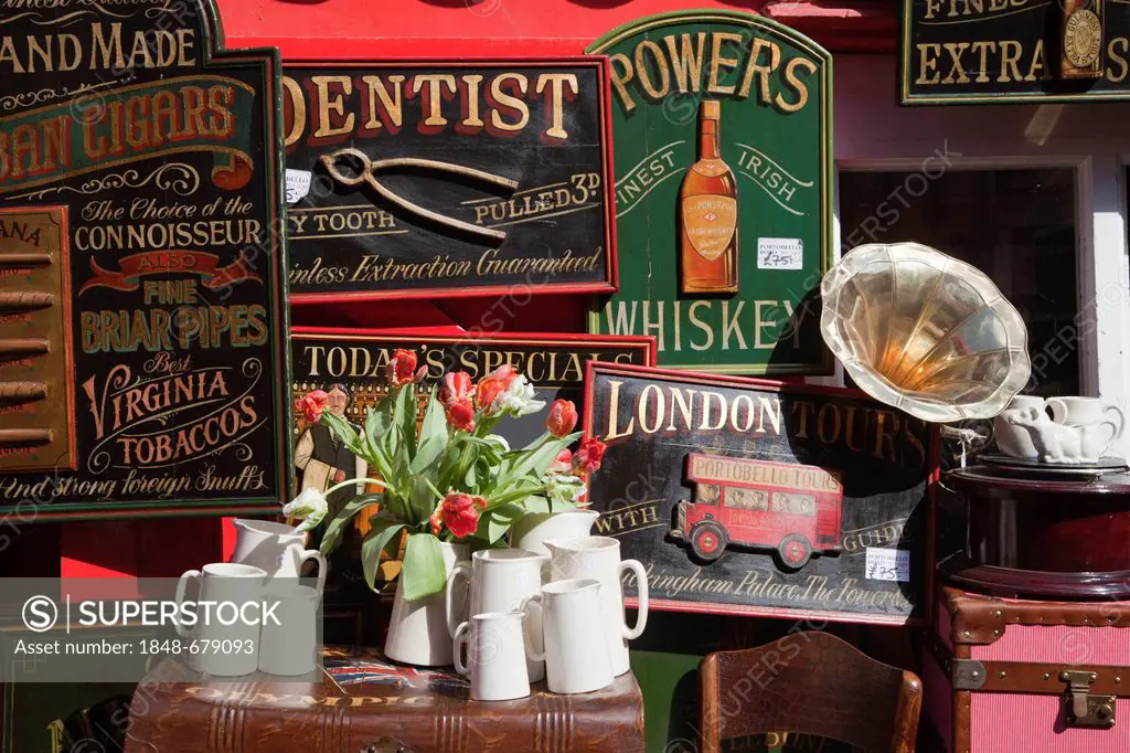 Shop selling wooden signs, Portobello Market, Notting Hill, London, England, United Kingdom, Europe