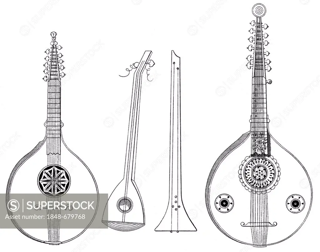 Historical drawing, musical instruments, Italian zither from 1751, left, and a chord zither from 1720, right