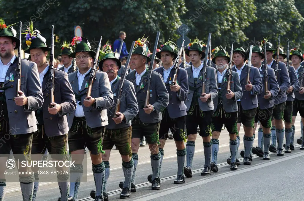 Mountain troops, Schuetzen- und Trachtenzug, Costume and Riflemen's Parade, for the opening of Oktoberfest 2010, Oktoberfest, Munich, Upper Bavaria, B...