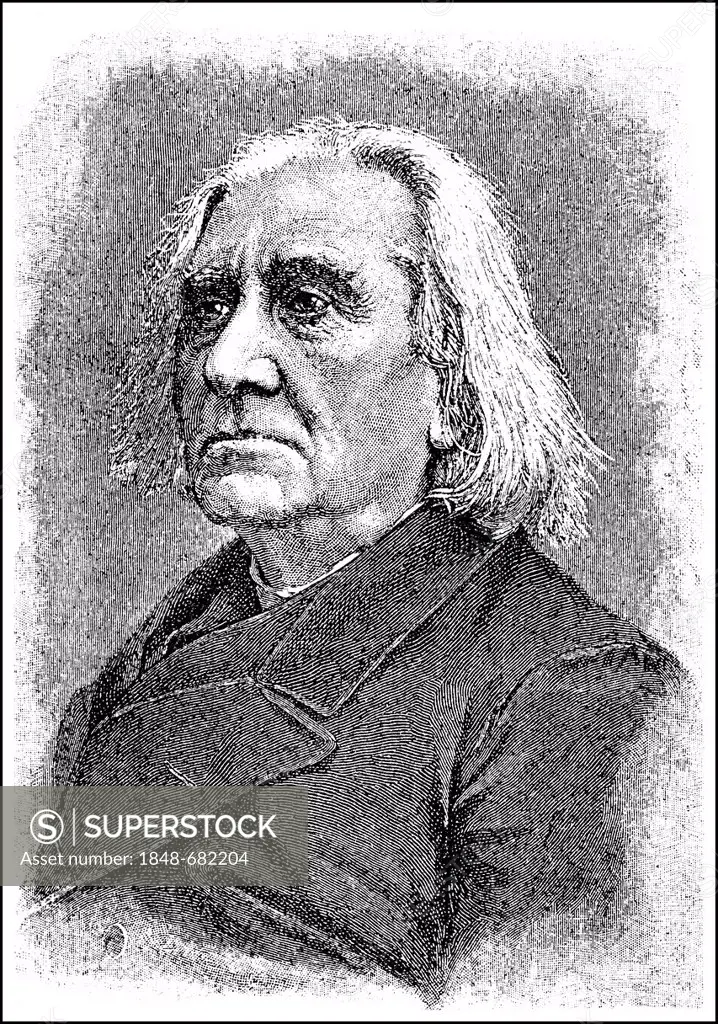 Historical drawing from the 19th Century, portrait of Franz Liszt or Ferencz Liszt, 1811-1886, Hungarian composer, virtuoso pianist, conductor, theatr...