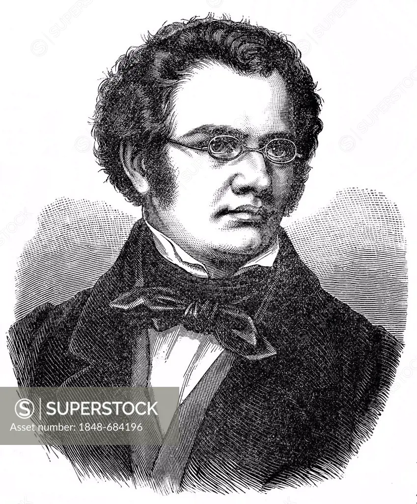 Historical drawing from the 19th century, portrait of Franz Peter Schubert, 1797 - 1828, an Austrian composer